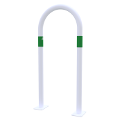 Barrier bracket | as e-charging station protection | to be fixed by plugs, | total width: 460mm, total height: 1000mm | hot-dip galvanized and white powder-coated with 3 green reflective strips foil type RA1/A